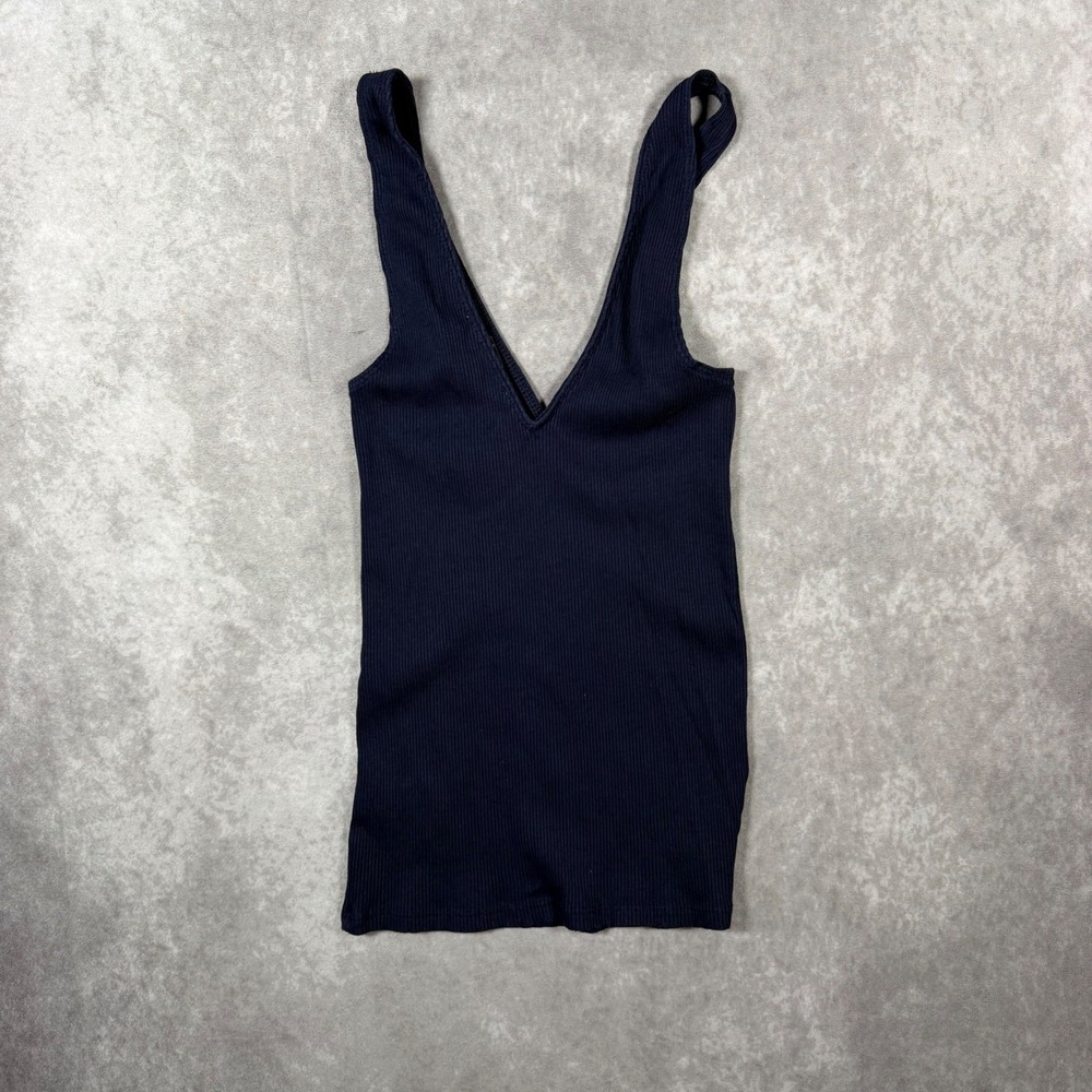 Express One Eleven Ribbed Tank Top Navy Blue Deep V-Neck XS Y2K Baby Tee Chic